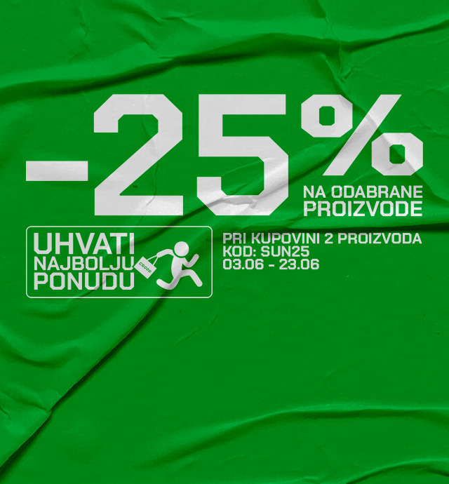 Promotivna ponuda sniženja 25% na odabrane proizvode uz kupovinu dva artikla, uz korišćenje koda SUN25, važi od 3. do 23. juna.