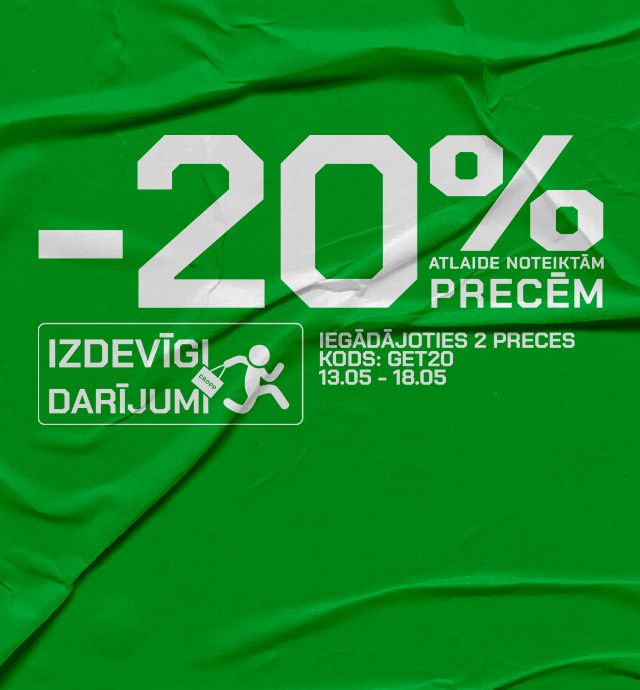 Reklāma par 20% atlaidi noteiktām precēm, pērkot divas vienības; piedāvājums izmantojams ar kodu GET20 no 13. līdz 18. maijam.