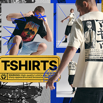 Promotion of a T-shirt collection, highlighting illustrated graphic designs and how the shirts look when worn in different styling options.