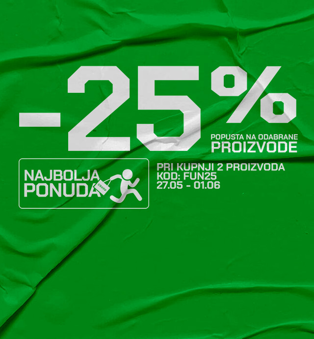 Promocija s 25 % popusta na odabrane proizvode pri kupnji dva artikla, uz korištenje promotivnog koda, dostupna u ograničenom razdoblju.