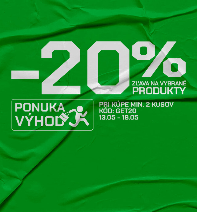 Propagácia zľavy 20 % na vybrané produkty pri kúpe minimálne dvoch kusov s promo kódom GET20, platná od 13. do 18. mája.