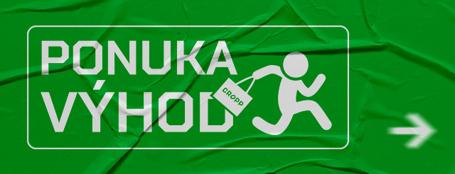 Ponuka výhod. Ikona osoby držiacej tašku s nápisom „CROPP“ naznačuje výhodnú ponuku v tomto obchode. Šípka nasmeruje na viac detailov alebo akciu.