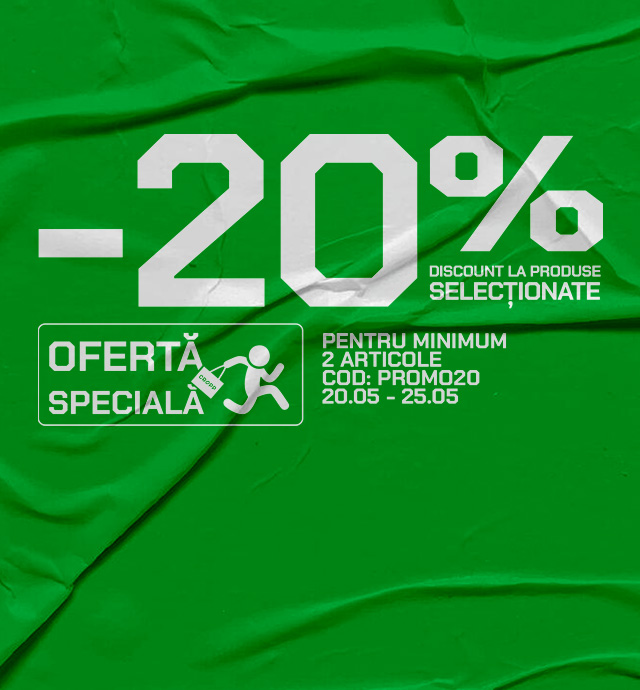 Promovare cu reducere de 20% la produse selectate, valabilă pentru minimum două articole, cu cod promoțional dedicat, într-o perioadă limitată.