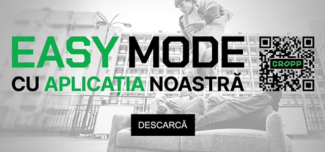 Promovează descărcarea aplicației Cropp, evidențiind modul Easy Mode și acces rapid prin cod QR pentru o experiență de cumpărături mai simplă.