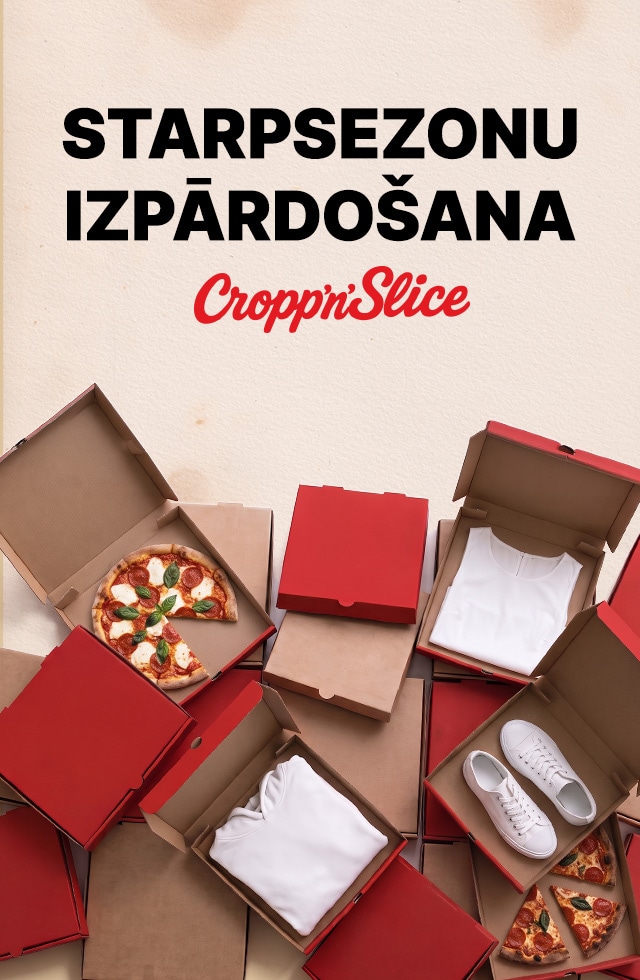 Cropp izpārdošanas piedāvājums ar apģērbiem un apaviem picu kastēs, uzsverot sezonas atlaides un jauniešu stilu