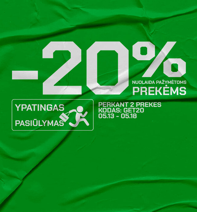 Akcijos pranešimas apie 20 % nuolaidą pažymėtoms prekėms perkant dvi, taikomą su kodu GET20 gegužės 13–18 d.