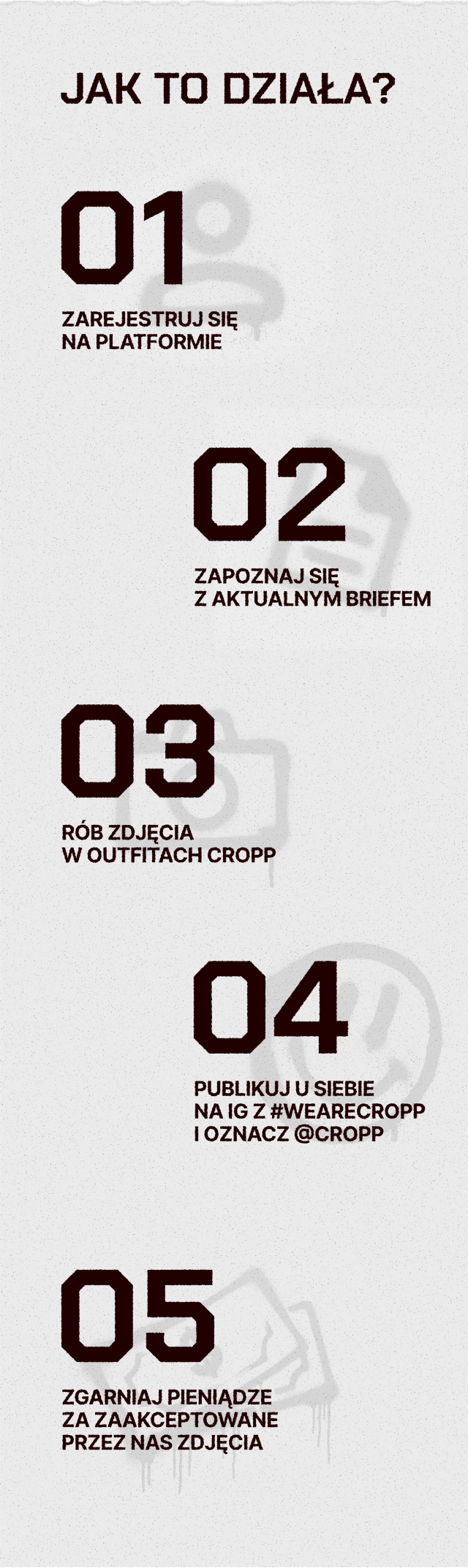 Instrukcja udziału w programie Cropp: rejestracja, zapoznanie z briefem, robienie zdjęć stylizacji, publikacja na Instagramie z oznaczeniem i otrzymywanie wynagrodzenia za akceptowane zdjęcia.
