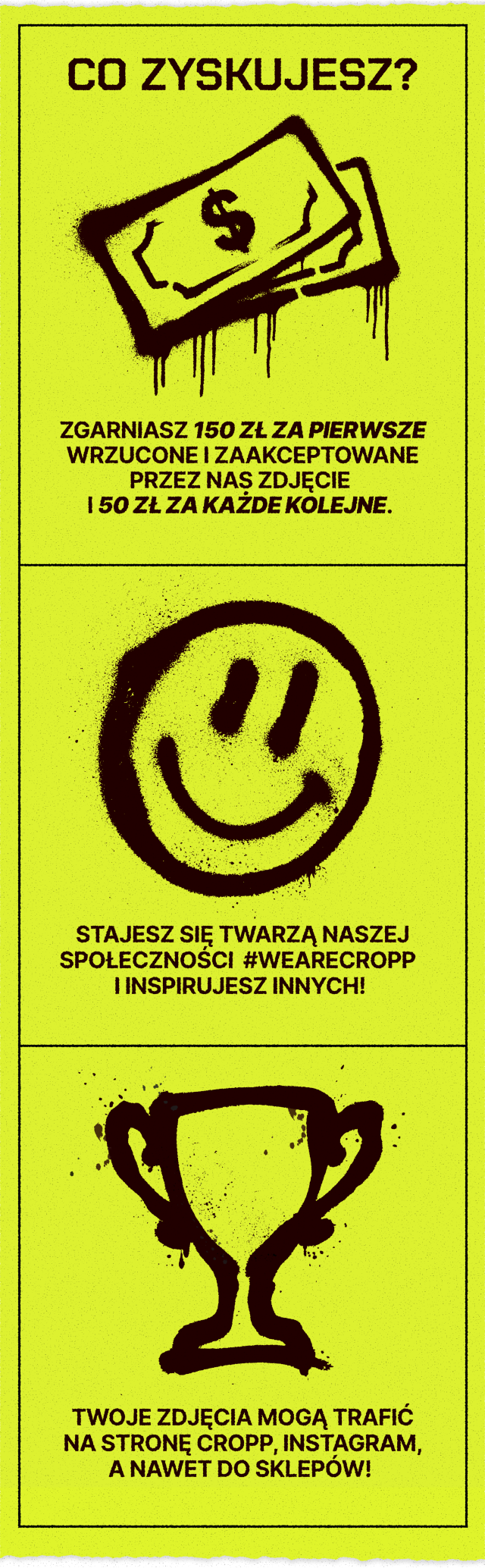 Informacja o korzyściach udziału w akcji Cropp: nagrody pieniężne za zaakceptowane zdjęcia, możliwość dołączenia do społeczności i publikacji zdjęć w kanałach marki oraz sklepach.