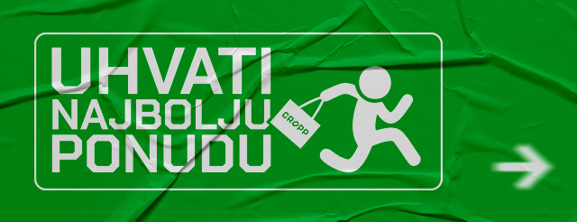 Uhvatite najbolju ponudu sada! Slika prikazuje stilizovanog čoveka koji trči sa torbom na kojoj piše "CROPP". Desno od njega nalazi se strelica ukazujući na akciju ili link. Poruka poziva na brzo delovanje i korišćenje najbolje ponude.