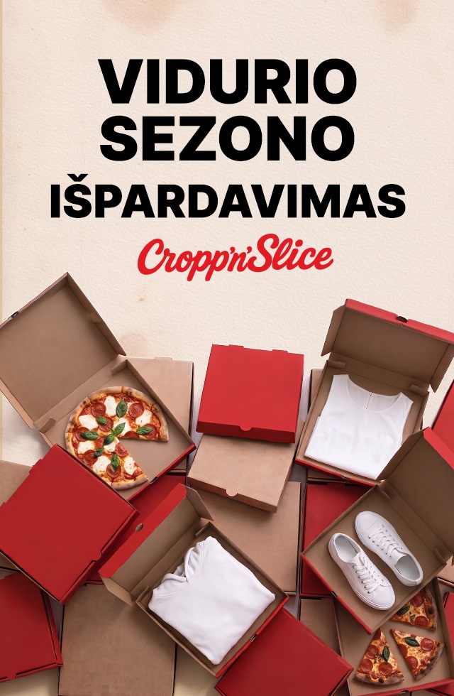 Cropp vidurio sezono išpardavimo reklama su drabužiais, avalyne ir picos motyvais, pabrėžianti nuolaidų pasiūlymus