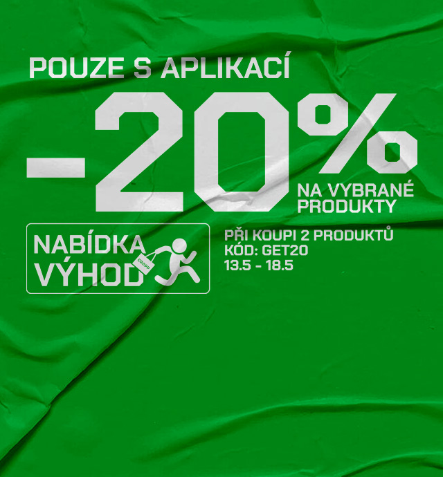Informuje o časově omezené slevě 20 % dostupné pouze v aplikaci při nákupu dvou vybraných produktů, se slevovým kódem GET20, platné od 13. do 18. května.
